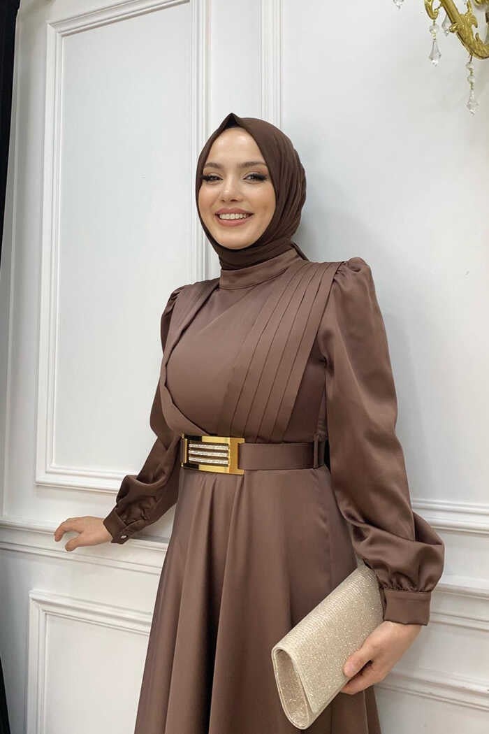 Bym Fashion Bym Chest Part Layered Stripe Detail Waist Belt Accessory Evening Dress 3792 Brown - Image 4