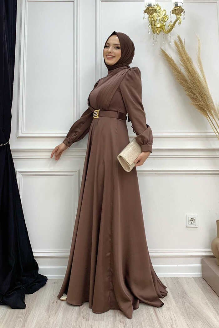 Bym Fashion Bym Chest Part Layered Stripe Detail Waist Belt Accessory Evening Dress 3792 Brown - Image 2