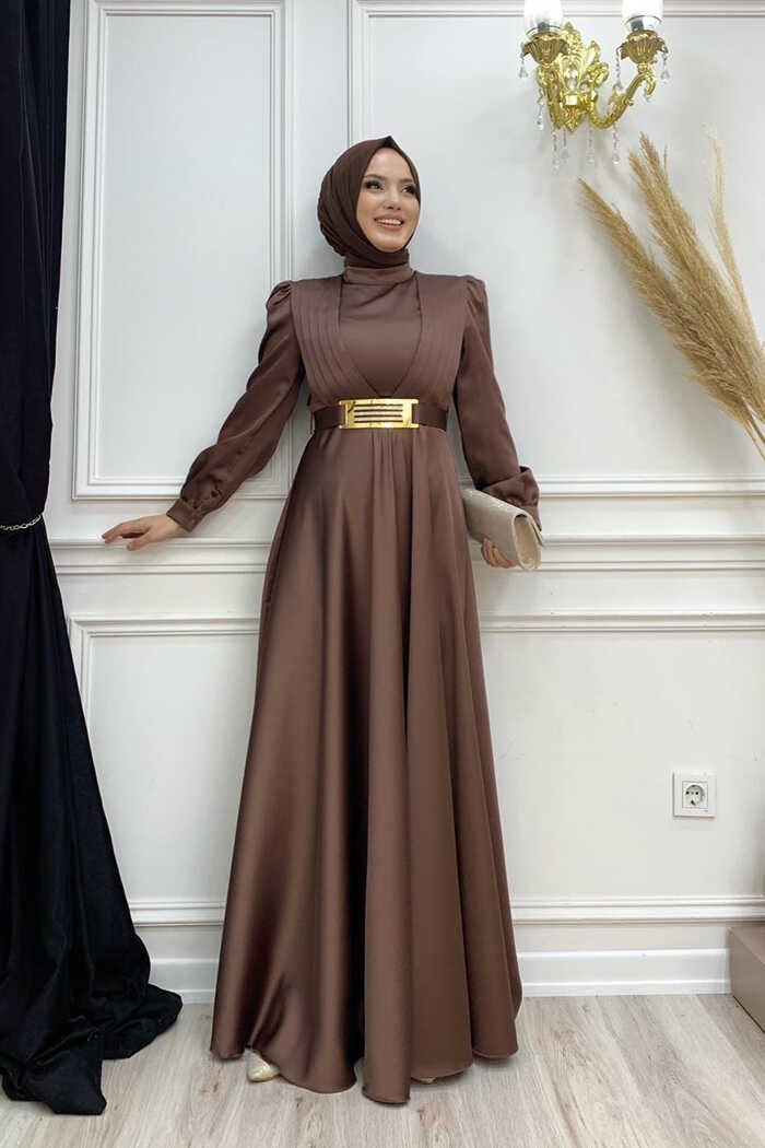 Bym Fashion Bym Chest Part Layered Stripe Detail Waist Belt Accessory Evening Dress 3792 Brown - Image 1