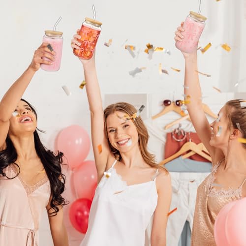 Hoolerry كوب هوليري كوكيت بوا الجمالي، 16 أونصة كوب زجاجي رقيق باللون الوردي مع غطاء وقشة، جرة شرب كوكيت عتيقة للفتيات والنساء هدايا حفلات عيد الميلاد وأعياد الميلاد (بوا) - Image 5