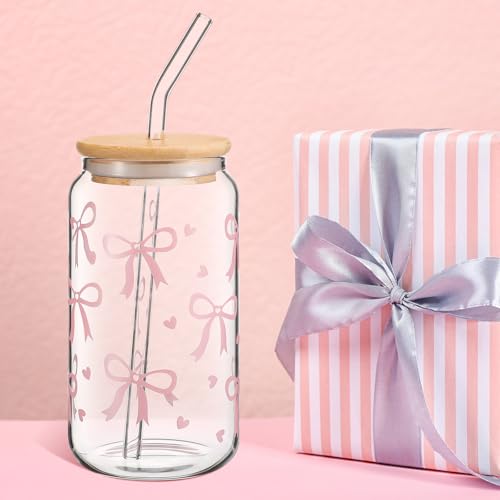 Hoolerry كوب هوليري كوكيت بوا الجمالي، 16 أونصة كوب زجاجي رقيق باللون الوردي مع غطاء وقشة، جرة شرب كوكيت عتيقة للفتيات والنساء هدايا حفلات عيد الميلاد وأعياد الميلاد (بوا) - Image 3