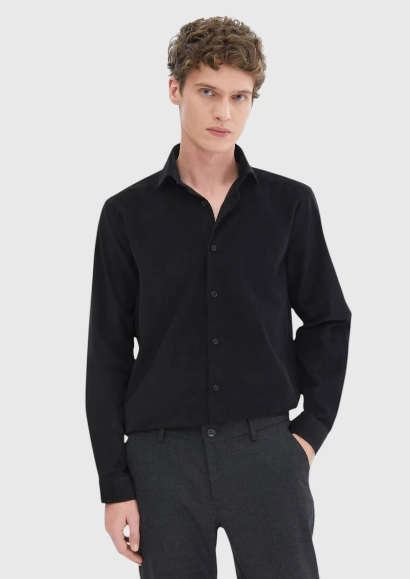 RAMSEY Black Plain Casual Fit Long Weaving Casual 100% Cotton Shirt