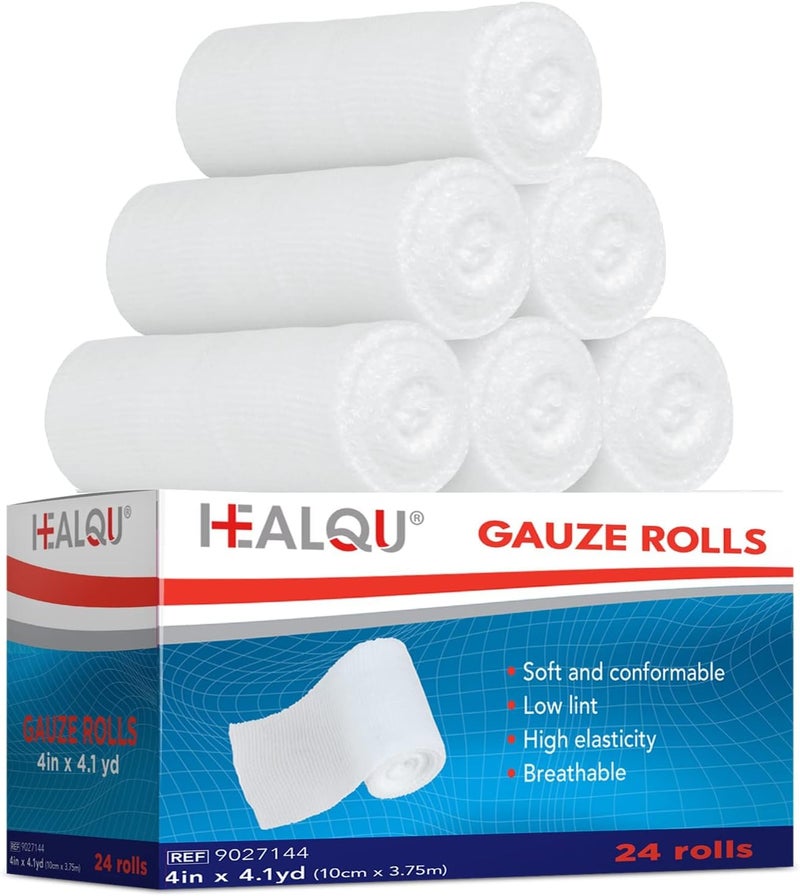 لفائف شاش HEALQU المتميزة 4 × 4 يارد 24 لفافة مغلفة بشكل فردي شاش مرن يت conformable ناعم للغاية