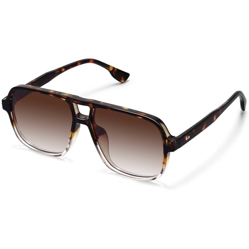 Fozono Classic Retro Aviator Sunglasses for Women Men Oversized Trendy Square Vintage Double Bridge Aviators Shades FZN821 Bean/Gradient Tea - Image 2