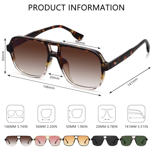 Fozono Classic Retro Aviator Sunglasses for Women Men Oversized Trendy Square Vintage Double Bridge Aviators Shades FZN821 Bean/Gradient Tea - Image 5
