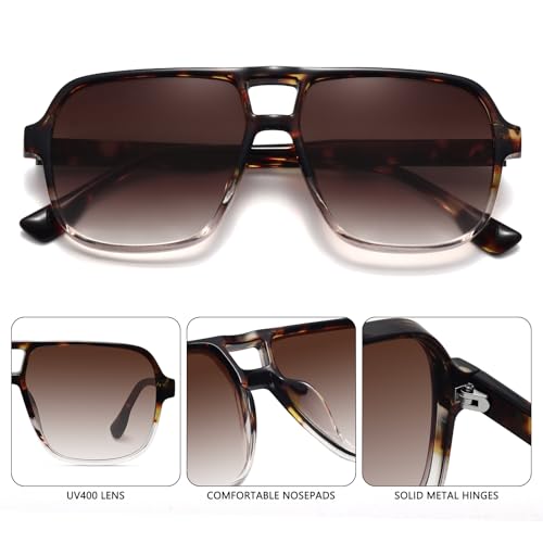 Fozono Classic Retro Aviator Sunglasses for Women Men Oversized Trendy Square Vintage Double Bridge Aviators Shades FZN821 Bean/Gradient Tea - Image 4