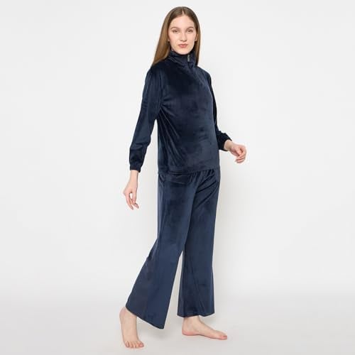 CAMEY Velvet Loungewear Set, Quarter Zip Pullover with Elastic Pants, Soft Cosy Sleepwear (Navy, L) - Image 4