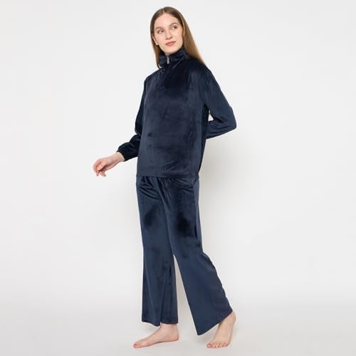 CAMEY Velvet Loungewear Set, Quarter Zip Pullover with Elastic Pants, Soft Cosy Sleepwear (Navy, L) - Image 3