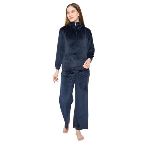 CAMEY Velvet Loungewear Set, Quarter Zip Pullover with Elastic Pants, Soft Cosy Sleepwear (Navy, L) - Image 1