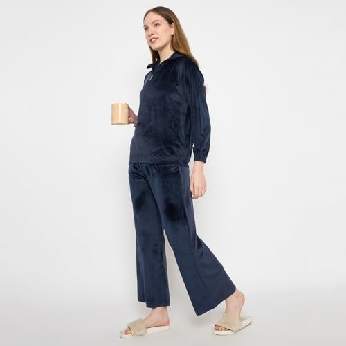 CAMEY Velvet Loungewear Set, Quarter Zip Pullover with Elastic Pants, Soft Cosy Sleepwear (Navy, L) - Image 2