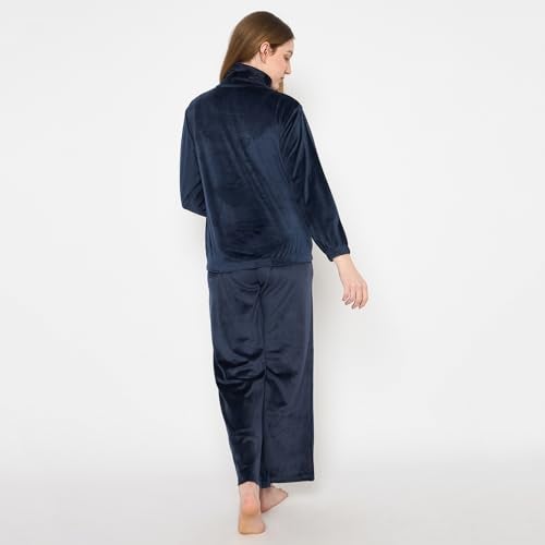 CAMEY Velvet Loungewear Set, Quarter Zip Pullover with Elastic Pants, Soft Cosy Sleepwear (Navy, L) - Image 5