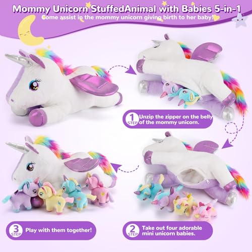gnomantic 5 Pieces Unicorn Stuffed Animals - 1 Mommy Stuffed Unicorn with 4 Babies - Unicorns Gifts for Girls Ages 3 4 5 6 7 8, Unicorns Plush Toys for Christmas, Valentine's, Birthday Gifts (Purple) - Image 2