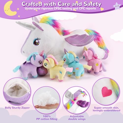 gnomantic 5 Pieces Unicorn Stuffed Animals - 1 Mommy Stuffed Unicorn with 4 Babies - Unicorns Gifts for Girls Ages 3 4 5 6 7 8, Unicorns Plush Toys for Christmas, Valentine's, Birthday Gifts (Purple) - Image 4
