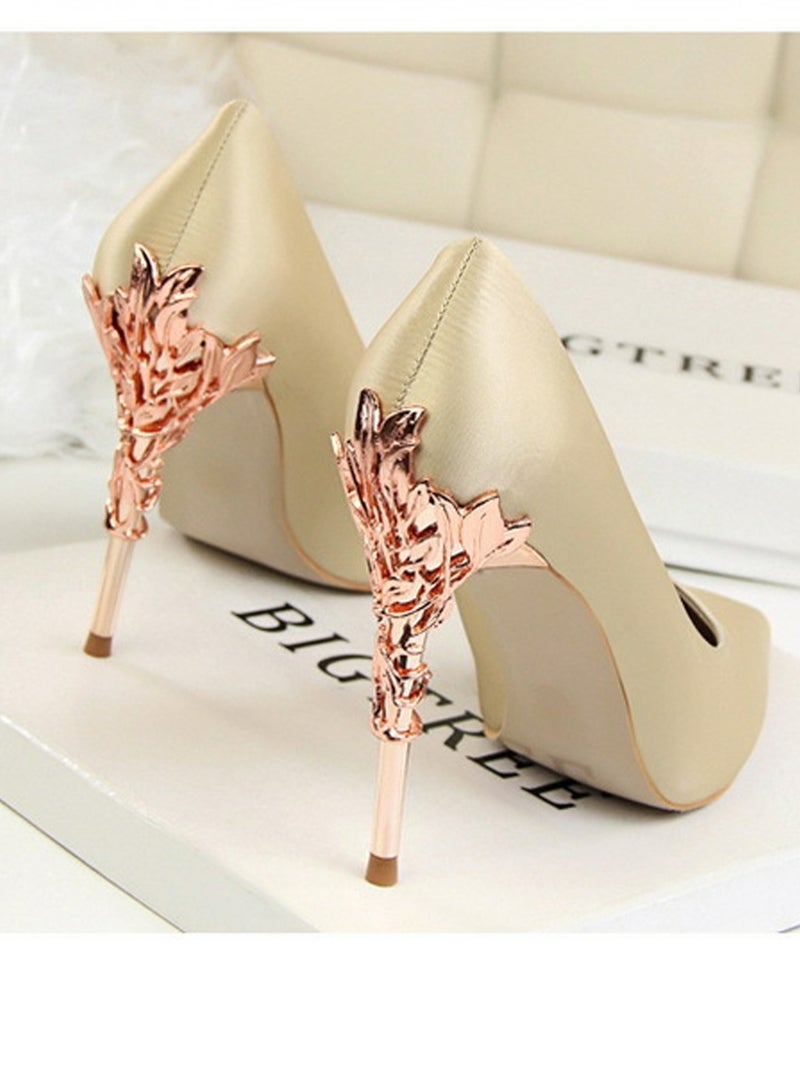 بيج تري Women's Elegant Stiletto Pumps With 10 CM Personalized Metal Heel Elegant Gorgeous Closed Pointed Toe Slip On Solid High Heels Champagne - Image 3