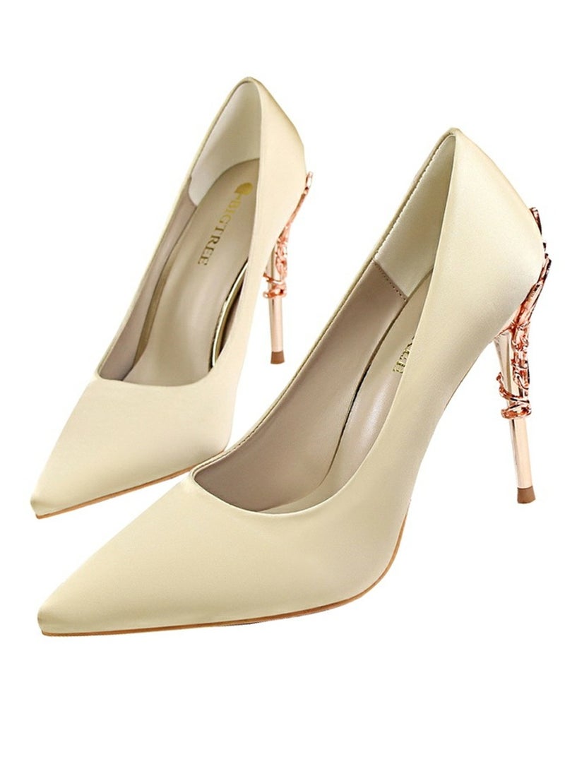 بيج تري Women's Elegant Stiletto Pumps With 10 CM Personalized Metal Heel Elegant Gorgeous Closed Pointed Toe Slip On Solid High Heels Champagne - Image 1