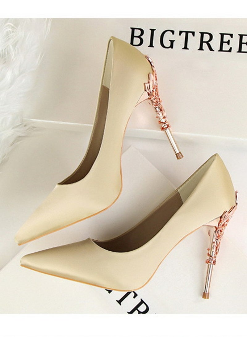 بيج تري Women's Elegant Stiletto Pumps With 10 CM Personalized Metal Heel Elegant Gorgeous Closed Pointed Toe Slip On Solid High Heels Champagne - Image 4