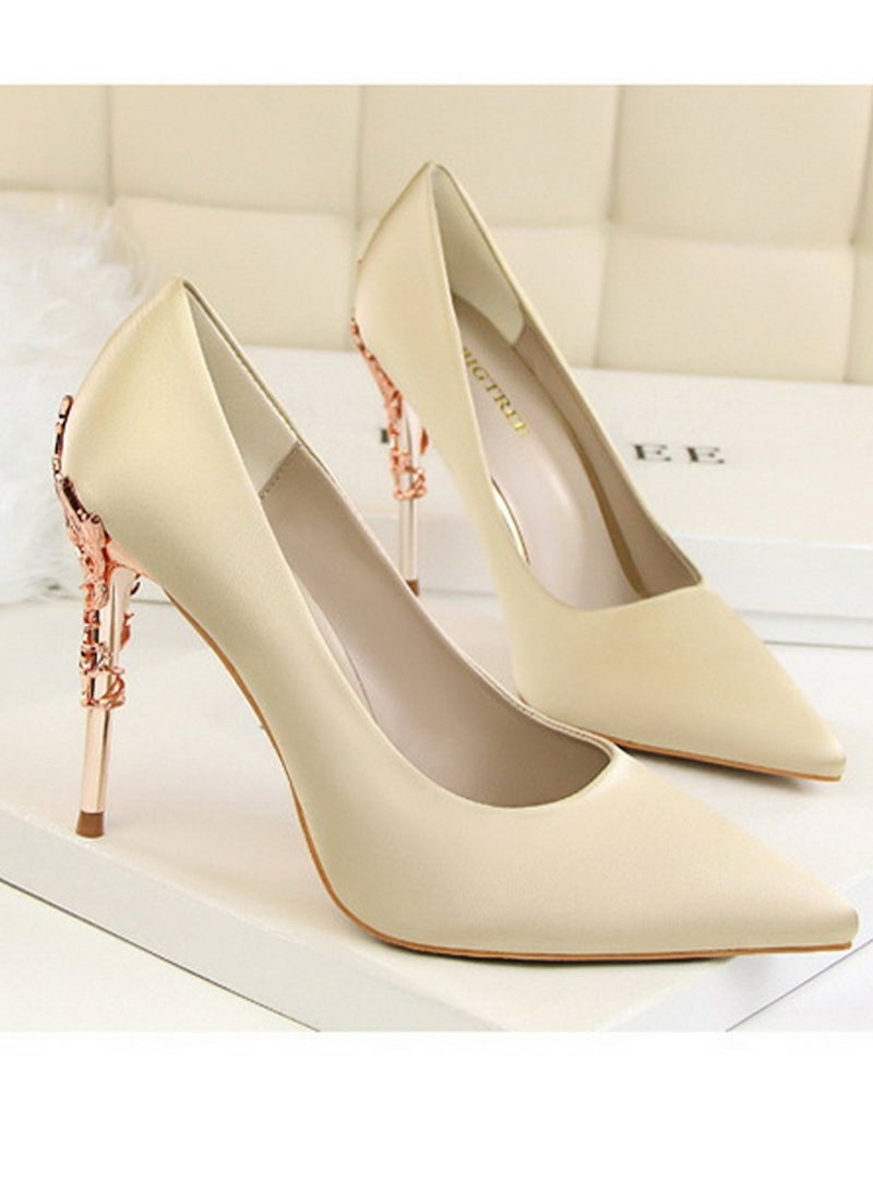 بيج تري Women's Elegant Stiletto Pumps With 10 CM Personalized Metal Heel Elegant Gorgeous Closed Pointed Toe Slip On Solid High Heels Champagne - Image 2