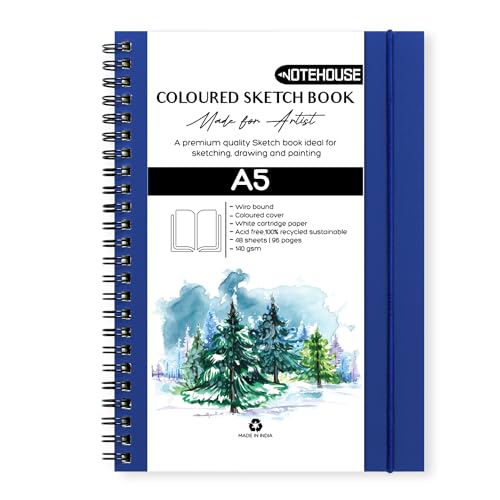 Notehouse A5 Portrait Spiral Sketchbook (14x21 cm) | 96 Unruled White Thick Pages | Professional Drawing Notebook | Blue Hard Cover Art Book for Artists & Students - Image 1