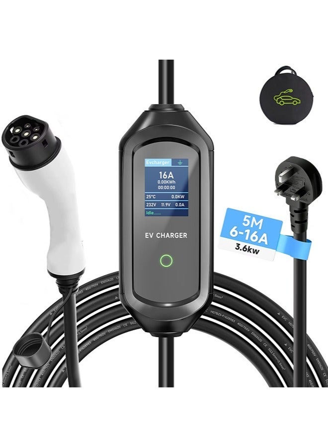 SUPER 5 5 m Type 2 Charging Cable, 3.6 kW, 16A, EV Charger with Bag, IEC - Image 1