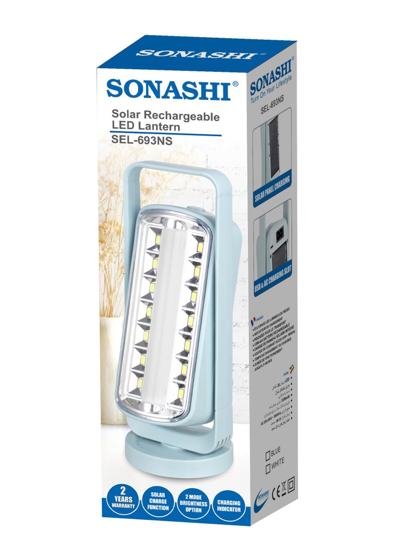 Solar Rechargeable LED Lantern with BuiltIn Solar Panel for Charging  Rechargeable Appliance with Charging Indicator  Up to 3 Hours Working Time  Best for Indoors and Hiking SEL-693 Blue