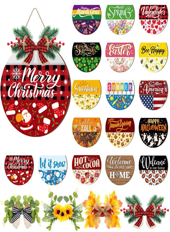 Vicenpal Interchangeable Welcome Sign for Front Door with 17 Magnetic Icons, Wooden Seasonal Front Porch Door Decor with 4 Seasonal Wreaths and 17 Changeable Icons for Holiday Party - Image 1
