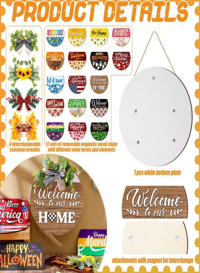 Vicenpal Interchangeable Welcome Sign for Front Door with 17 Magnetic Icons, Wooden Seasonal Front Porch Door Decor with 4 Seasonal Wreaths and 17 Changeable Icons for Holiday Party - Image 4