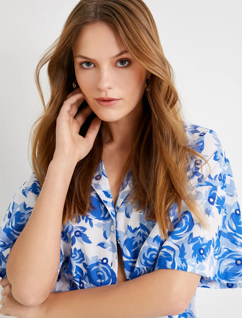 كوتون Cotton Pocket Detail Short Sleeve Floral Shirt