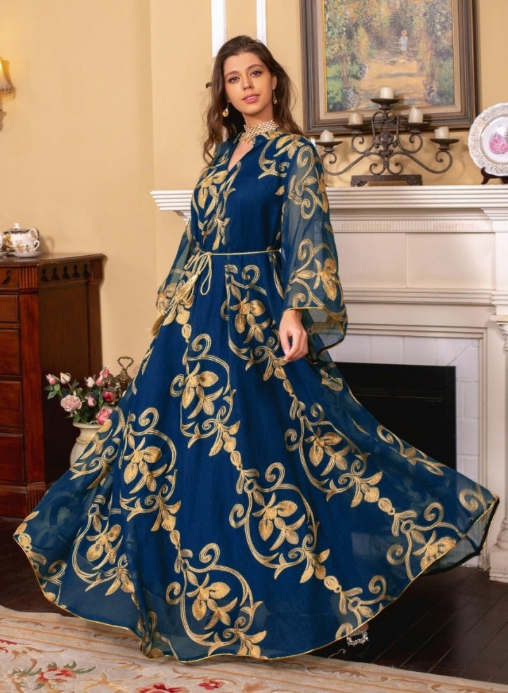 Loquat Ladies Lightweight Fabric Robe Luxury Embroidered Dress Muslim Abaya Evening Dress Blue - Image 3