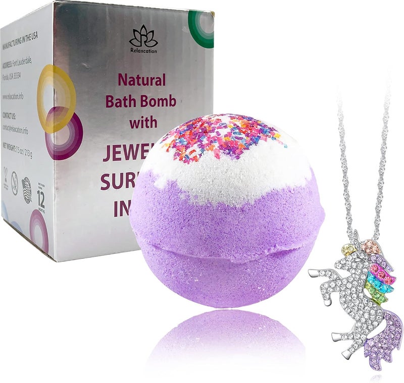Relaxcation Unicorn Bubble Bath Bomb with Unicorn Necklace Inside Extra Large Bath Ball 8 oz in Giftable Box 100 Natural Ingredients for Sensitive Skin Gift on Easter Birthday Mother Day Xmas