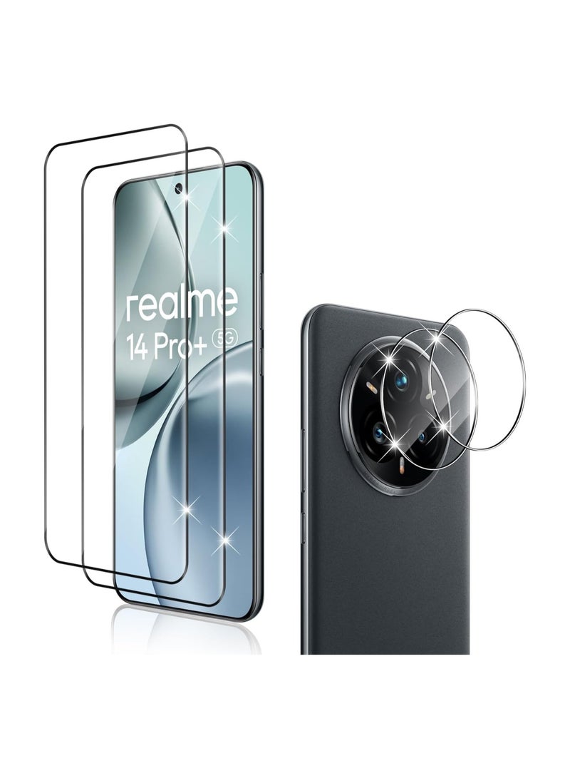 【2+2】 قطع من حامي شاشة وحامي كاميرا Realme 14 Pro Plus 5G الزجاجي المقوى، مقاوم للخدوش بصلابة 9H، حامي شاشة زجاجي مقوى خالي من الفقاعات. - Image 1