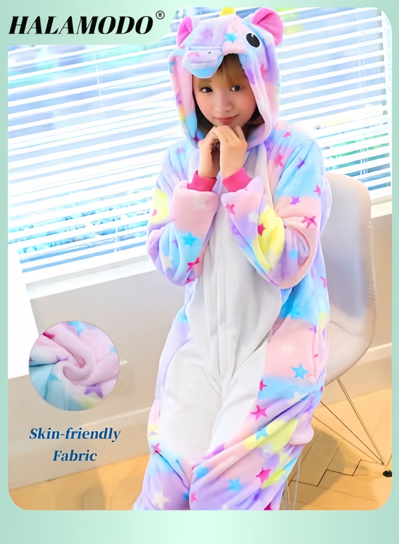 HALAMODO Pony Animal Pajamas Plush Star Sleepwear One Piece Costumes Cosplay Outfit Winter Hooded Romper Jumpsuit for Girls & Child & Adults