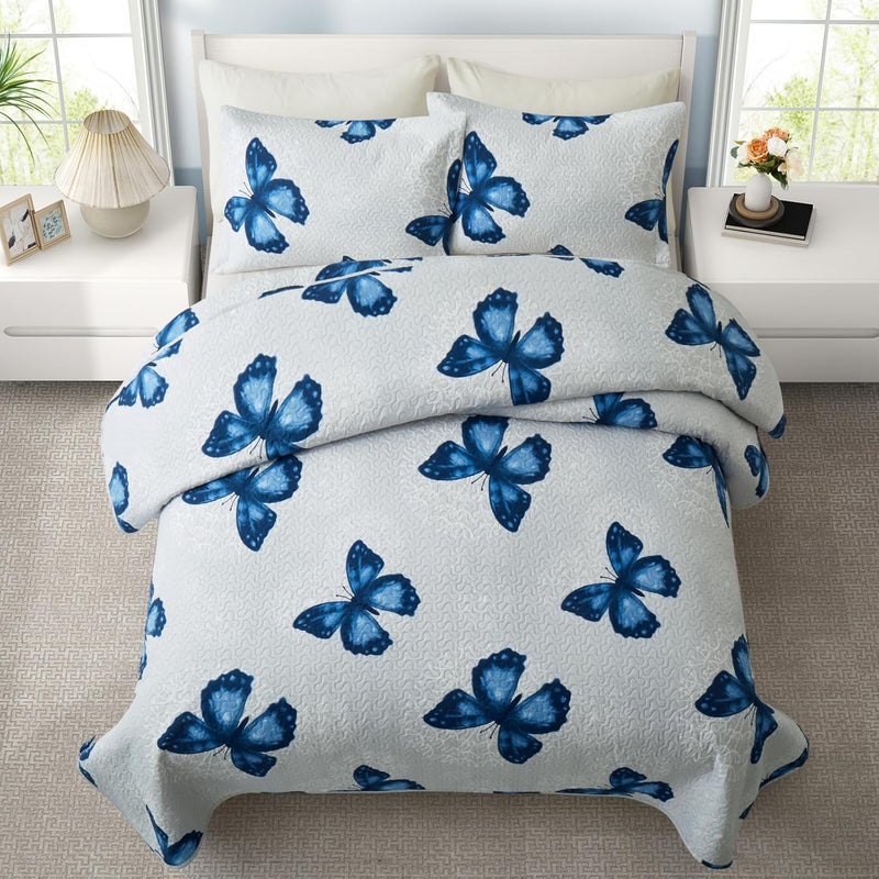ARTALL 2-Piece Butterfly Printed Quilt Set Soft Microfiber Lightweight Bedspread Coverlet Throw Blanket with 2 Pillow Shams All Season for Adults Teens Girls, Blue, Twin - Image 2