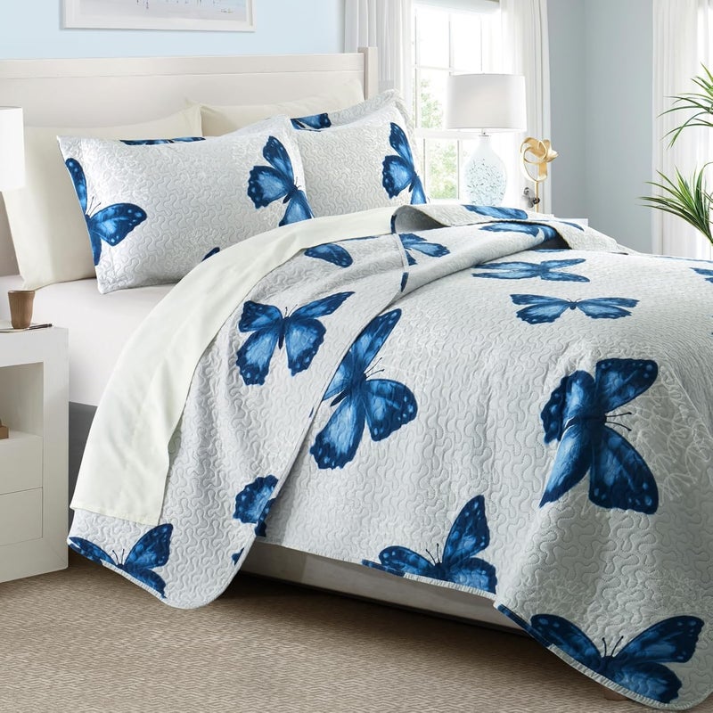 ARTALL 2-Piece Butterfly Printed Quilt Set Soft Microfiber Lightweight Bedspread Coverlet Throw Blanket with 2 Pillow Shams All Season for Adults Teens Girls, Blue, Twin - Image 1