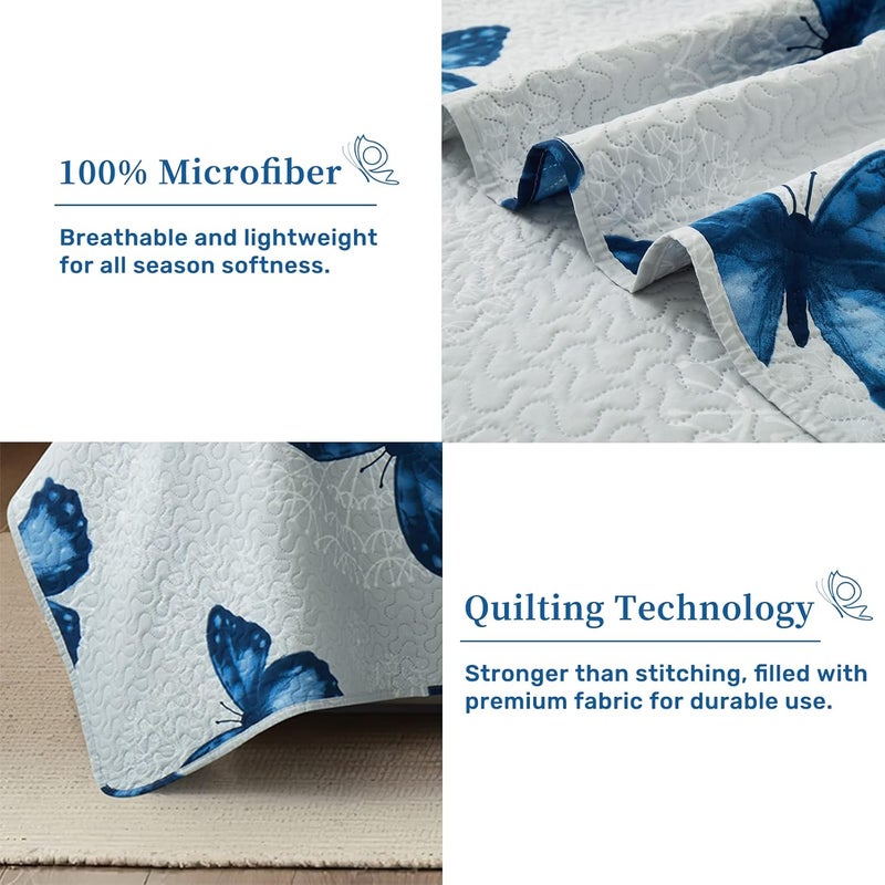 ARTALL 2-Piece Butterfly Printed Quilt Set Soft Microfiber Lightweight Bedspread Coverlet Throw Blanket with 2 Pillow Shams All Season for Adults Teens Girls, Blue, Twin - Image 4