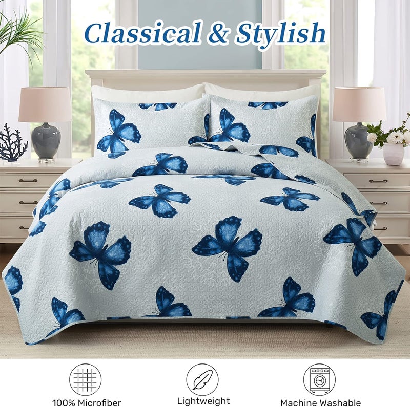 ARTALL 2-Piece Butterfly Printed Quilt Set Soft Microfiber Lightweight Bedspread Coverlet Throw Blanket with 2 Pillow Shams All Season for Adults Teens Girls, Blue, Twin - Image 3