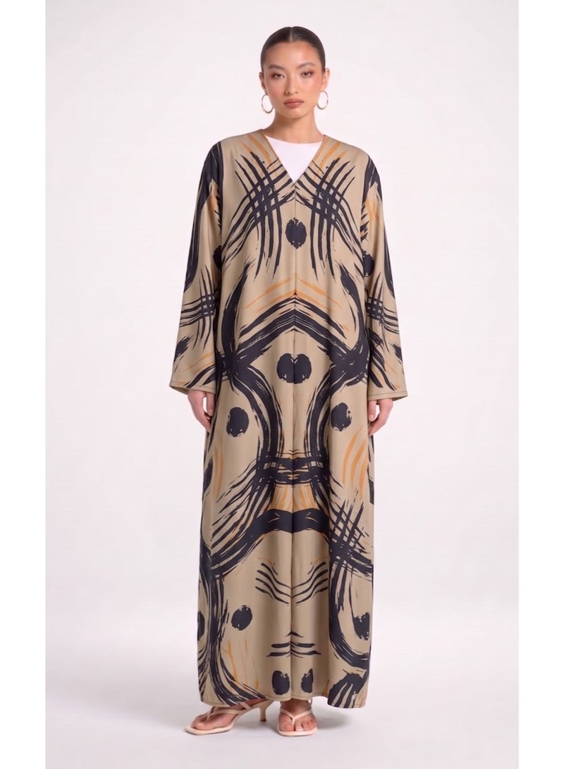 Next Abaya Beige Printed Silk Abaya - Image 1