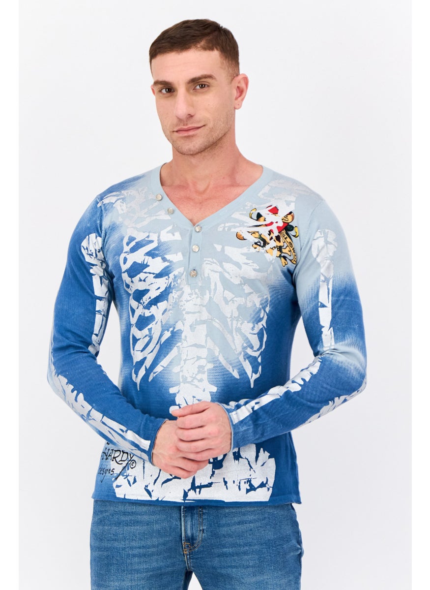 Ed Hardy Men Printed Pull Over Sweater, Blue  - Image 1