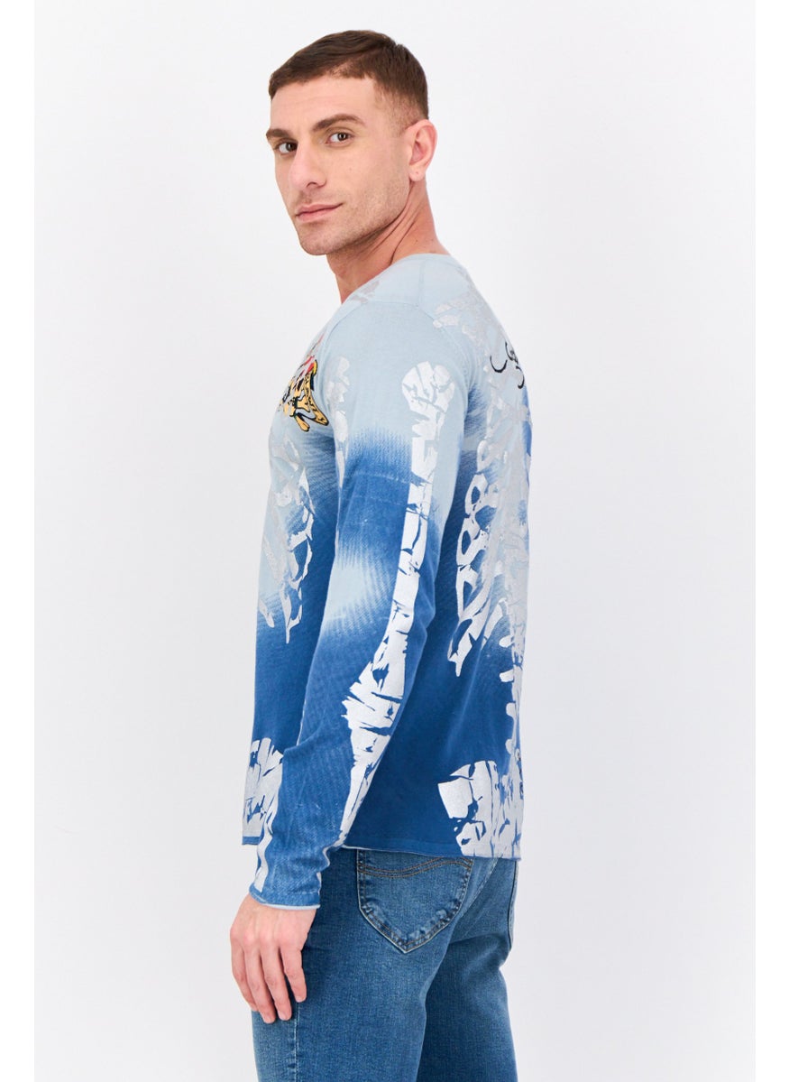 Ed Hardy Men Printed Pull Over Sweater, Blue  - Image 4