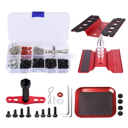 FriHobby RC Car Work Stand RC Tool Kit Repair Workstation Aluminum Alloy 360 Degree Rotate wScrew Kit Screw Tray Wheel Wrench for 18 110 112 116 Scale Models Cars Trucks Red - Image 1