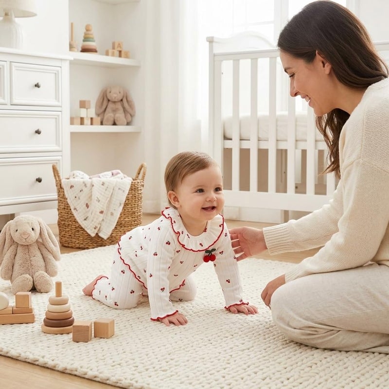 Baby Girl Long Sleeve Ribbed Top and Pants Set with Cherry Print Ruffled Collar - Image 3