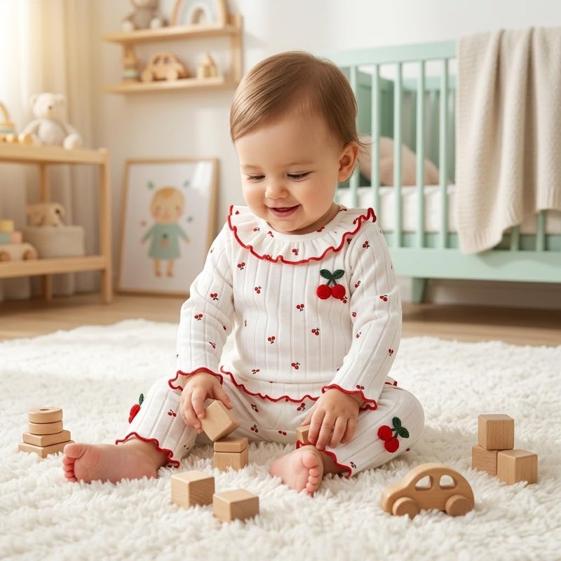 Baby Girl Long Sleeve Ribbed Top and Pants Set with Cherry Print Ruffled Collar - Image 2