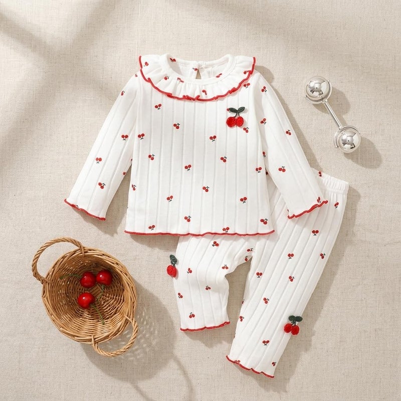 Baby Girl Long Sleeve Ribbed Top and Pants Set with Cherry Print Ruffled Collar - Image 1