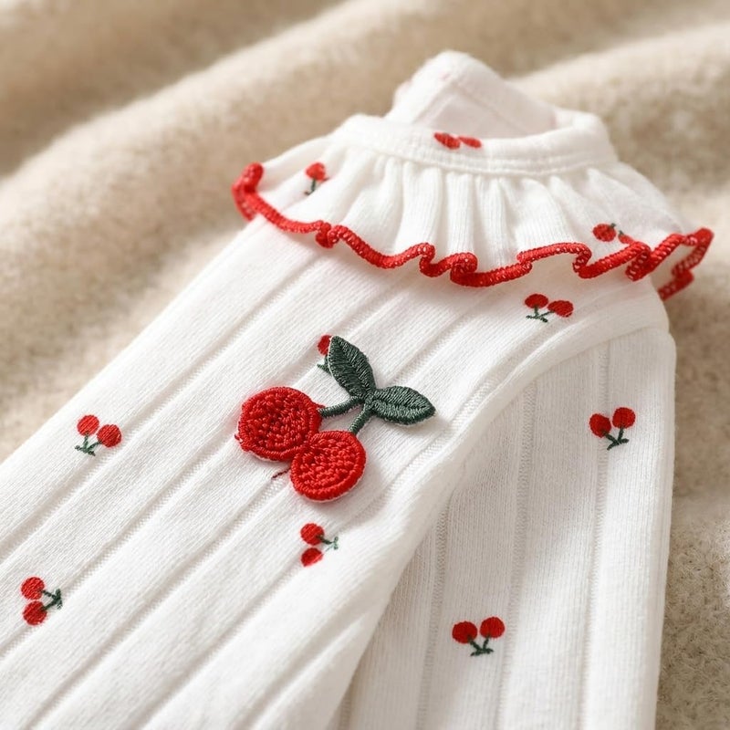 Baby Girl Long Sleeve Ribbed Top and Pants Set with Cherry Print Ruffled Collar - Image 4
