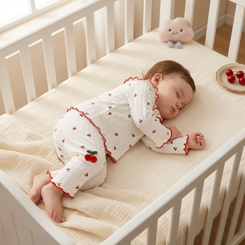 Baby Girl Long Sleeve Ribbed Top and Pants Set with Cherry Print Ruffled Collar - Image 5