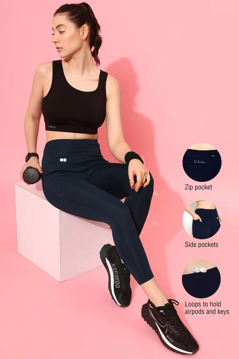 كلوفيا Clovia Snug Fit High Rise 4 Pocket Active Tights in Navy Colour