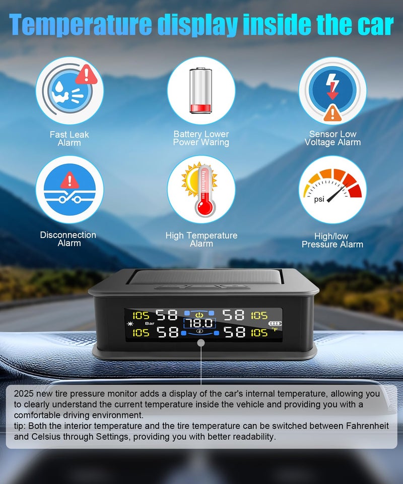 IVBDQV Tire Pressure Monitoring System, RV Tire Monitoring System with Solar Charge Tire Pressure Monitor Real-Time Display 2025 Updated tire pressure monitor system Interior Temperature Display for Rv Suv - Image 3