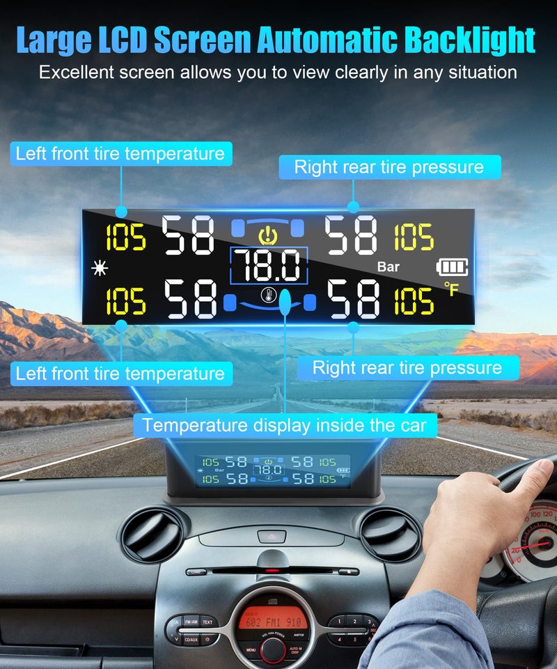 IVBDQV Tire Pressure Monitoring System, RV Tire Monitoring System with Solar Charge Tire Pressure Monitor Real-Time Display 2025 Updated tire pressure monitor system Interior Temperature Display for Rv Suv - Image 4