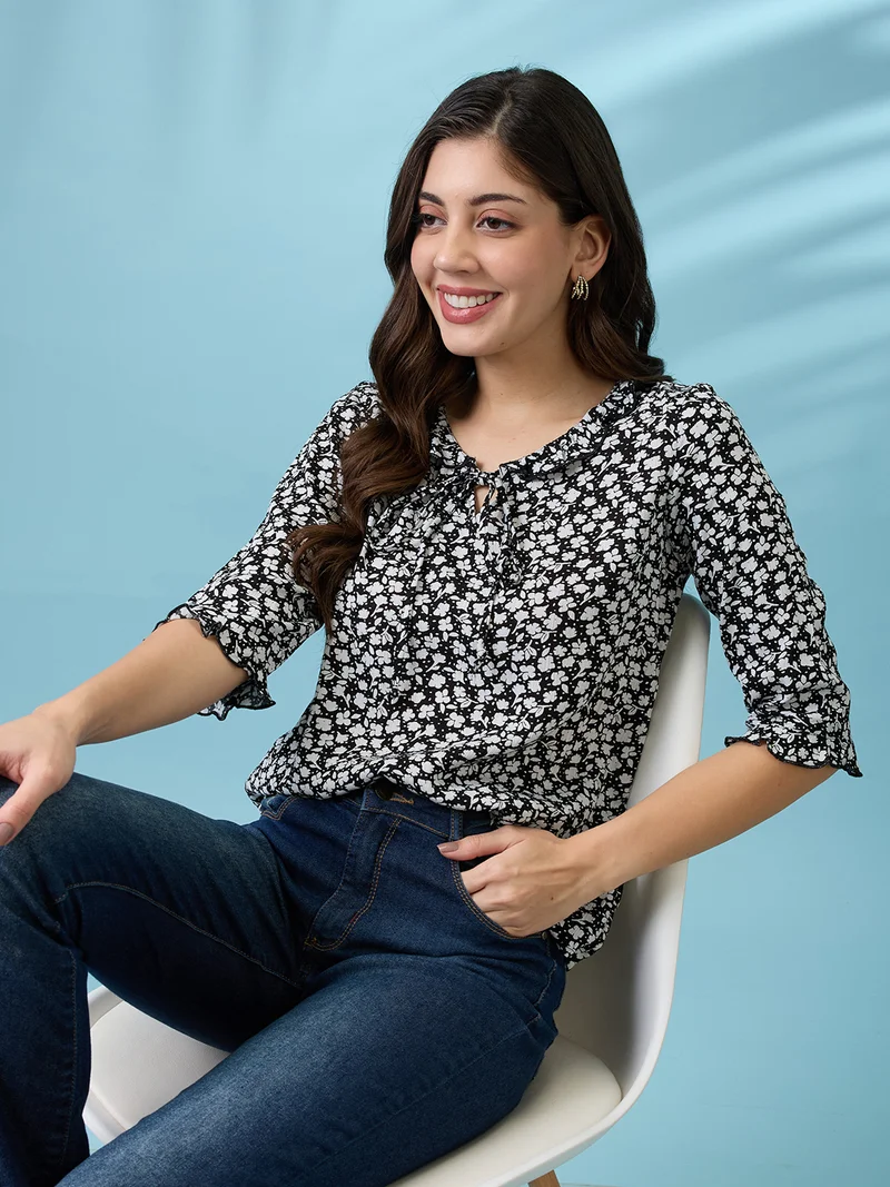 globus Women Black Tie-Up Neck Floral Print Frill Detail Top