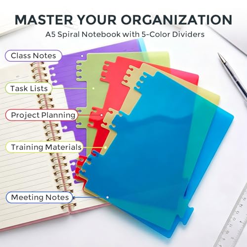 Koogel Spiral Notebook with Tabs, 5 Subject Spiral Notebook College Ruled with Removable Dividers, 200Pages Lined Journals for Women Journals Note Taking Work School Gifts, 5.8x8.3Inch, Pink - Image 2