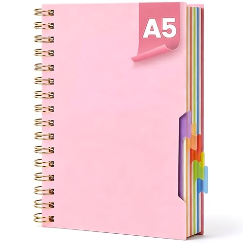 Koogel Spiral Notebook with Tabs, 5 Subject Spiral Notebook College Ruled with Removable Dividers, 200Pages Lined Journals for Women Journals Note Taking Work School Gifts, 5.8x8.3Inch, Pink - Image 1